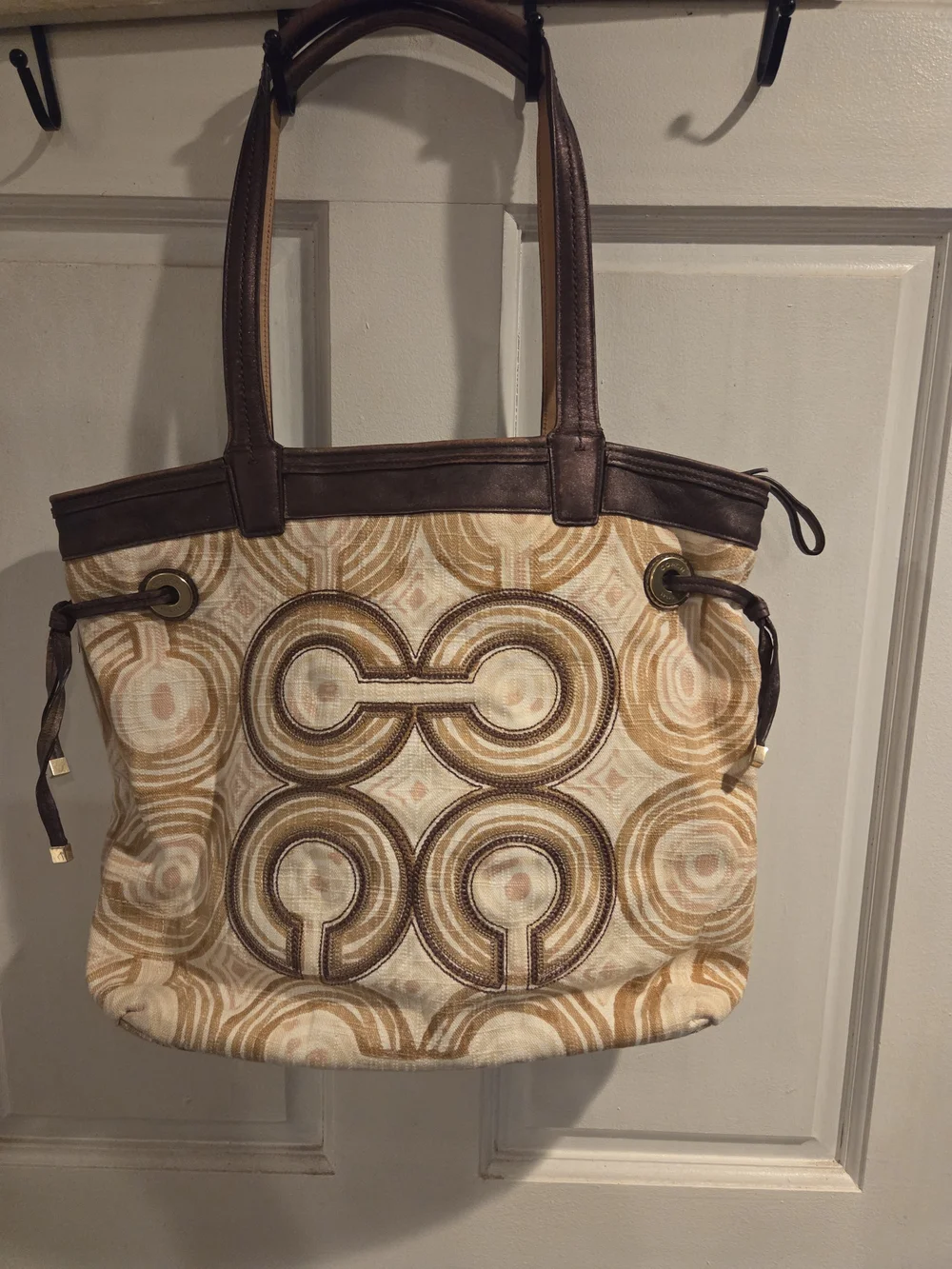 Coach Beige and Brown Patterned Canvas Tote with Wristlet